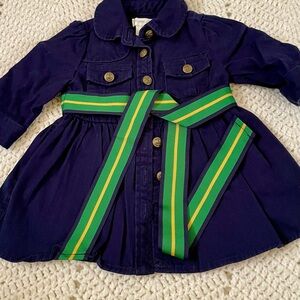 Ralph Lauren Girls 3mos Navy Blue Jean Dress w green and yellow striped belt